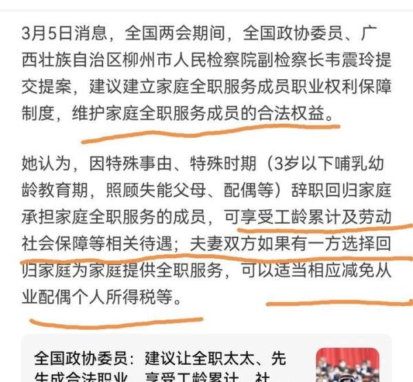 全国政协委员建议让全职太太、先生成合法职业，可行性如何？