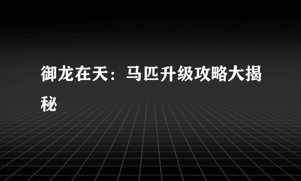 御龙在天：马匹升级攻略大揭秘