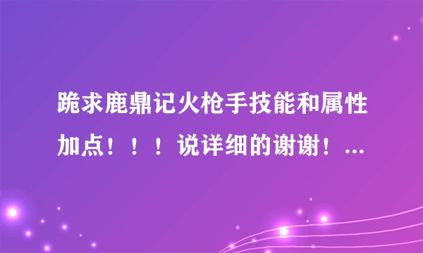 跪求鹿鼎记火枪手技能和属性加点！！！说详细的谢谢！！要6-70级具体叙述！！！！
