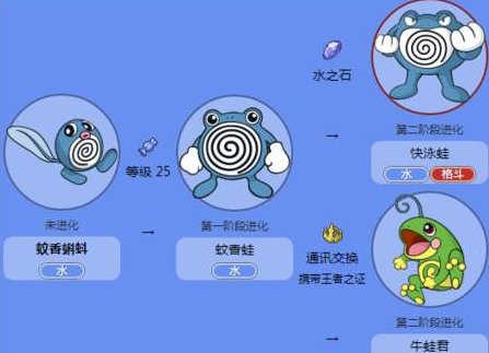 口袋妖怪里面，蚊香蛙怎么进化成快泳蛙和牛蛙君