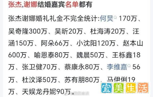 谢娜张杰结婚时,收到的份子钱将近4000万
